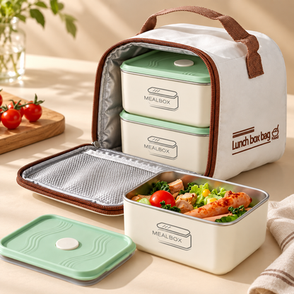 Ensemble Boîte à Lunch en Acier Inoxydable 2Pcs avec Sac Isotherme - طقم علب حفظ الطعام والوجبات من الاينوكس مع حقيبة حرارية عازلة