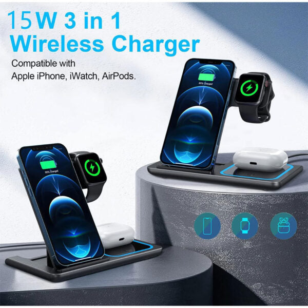 Station de charge sans fil 3 en 1 pour smartphones et appareils électroniques – شاحن لاسلكي للهاتف و الأجهزة الإلكترونية