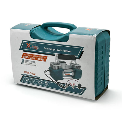 XTop Compresseur d’Air Double Cylindre avec Kit de réparation 12V -110PSI – نافخ عجلات السيارة مع أدوات التصليح