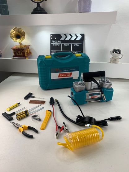 XTop Compresseur d’Air Double Cylindre avec Kit de réparation 12V -110PSI – نافخ عجلات السيارة مع أدوات التصليح