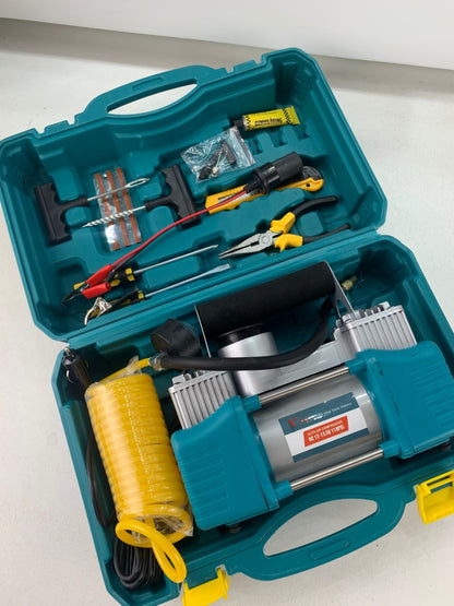 XTop Compresseur d’Air Double Cylindre avec Kit de réparation 12V -110PSI – نافخ عجلات السيارة مع أدوات التصليح