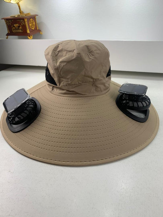 Chapeau de soleil à large bord avec double ventilateur – قبعة للحماية من الشمس مع مروحات