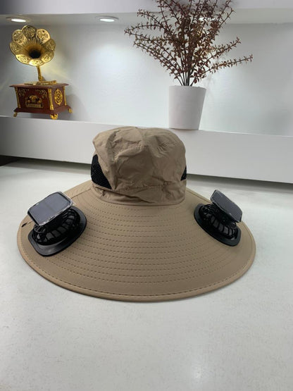Chapeau de soleil à large bord avec double ventilateur – قبعة للحماية من الشمس مع مروحات