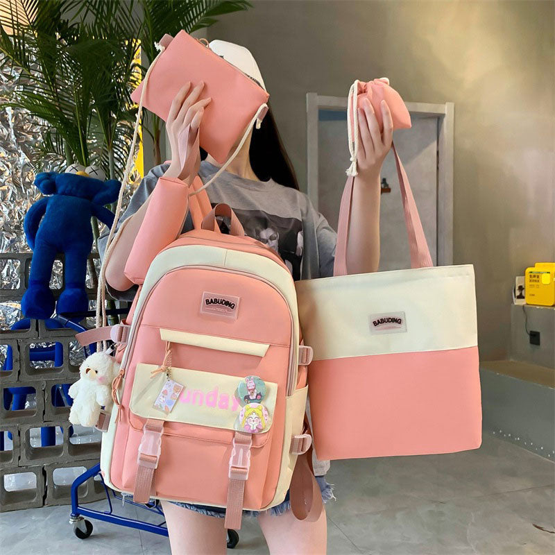 Sac à Dos Multifonctionnel Kawaii Grand Volume Imperméable et Résistant 5Pcs Rose SACKDS14RS - حقيبة ظهر بعدة قطع بتصميم كاوايي
