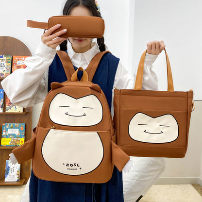 Ensemble de Sacs Snorlax 3Pcs Design Kawaii Marron – حقيبة مدرسية 3 قطع لون بني