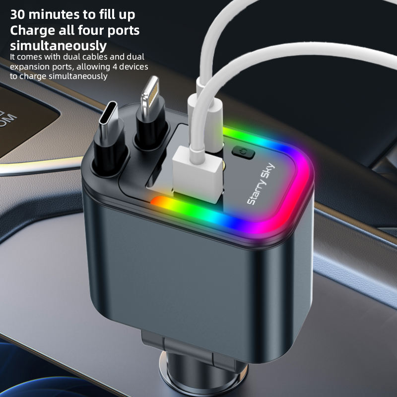 Chargeur de Voiture 120W Max 4 en 1 avec Câbles Rétractables et Ports USB/Type-C