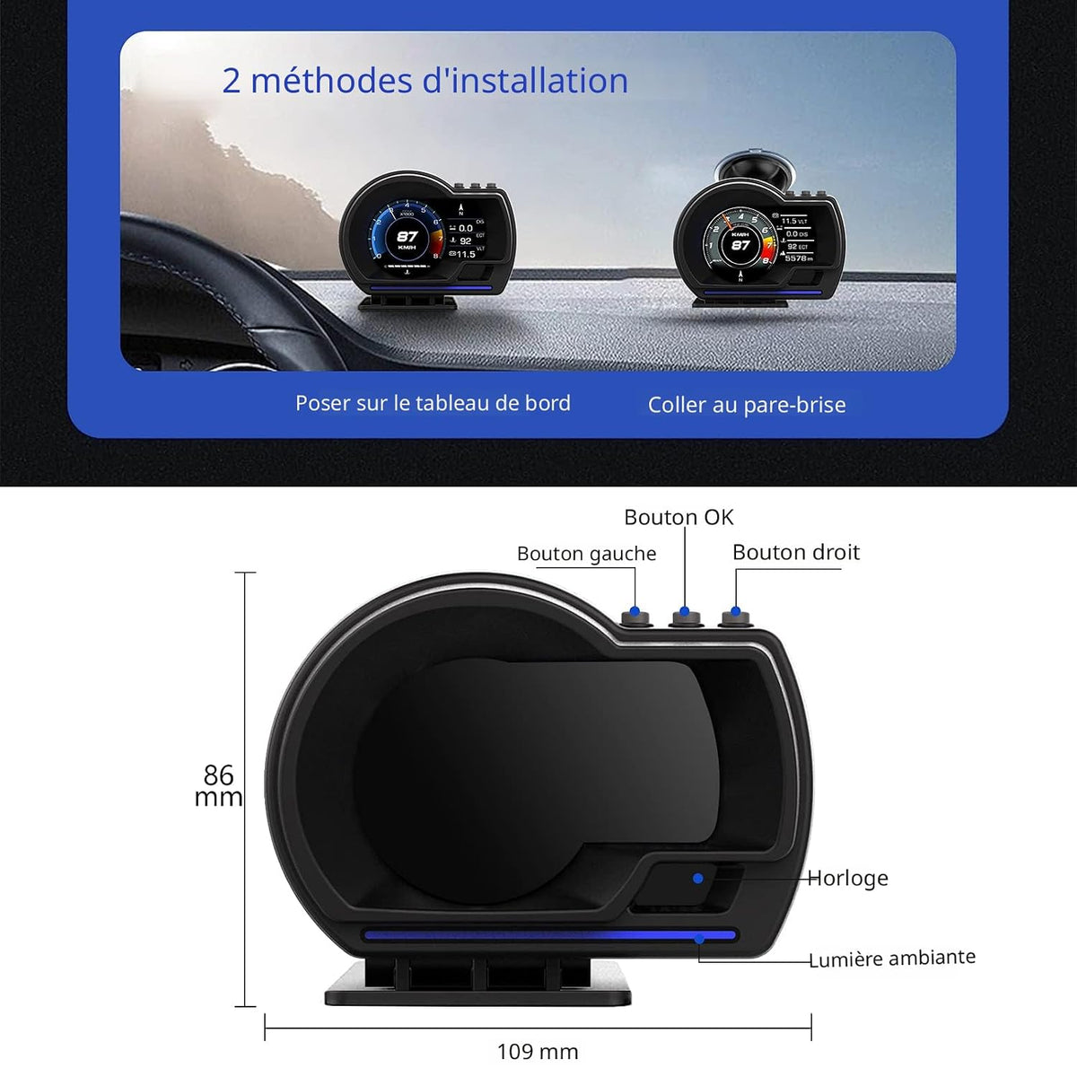Afficheur Tête Haute HUD Intelligent Pour Voiture Système Double OBD2 + GPS 10 Alarme de Vitesse et Écran LCD - عداد السرعة الرقمي والشاشة الذكية