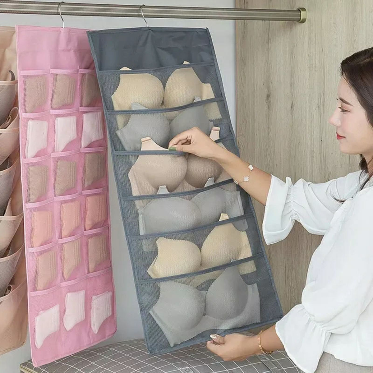 Organisateur de sous-vêtements multi-poches Double face suspendu de chaussettes de soutien-gorge