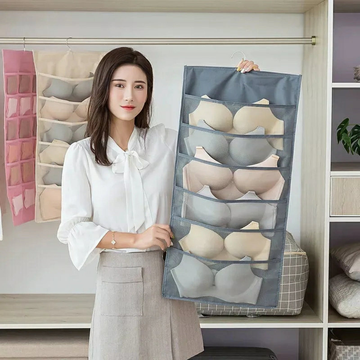 Organisateur de sous-vêtements multi-poches Double face suspendu de chaussettes de soutien-gorge