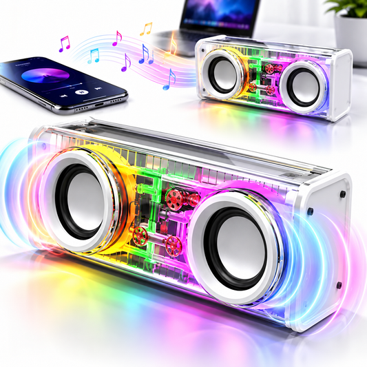 Haut-Parleur Bluetooth 5.3 Lumineux avec Boîtier Transparent - مكبر صوت بلوتوث لاسلكي شفاف مع إضاءة ملونة وسماعات مضاعفة