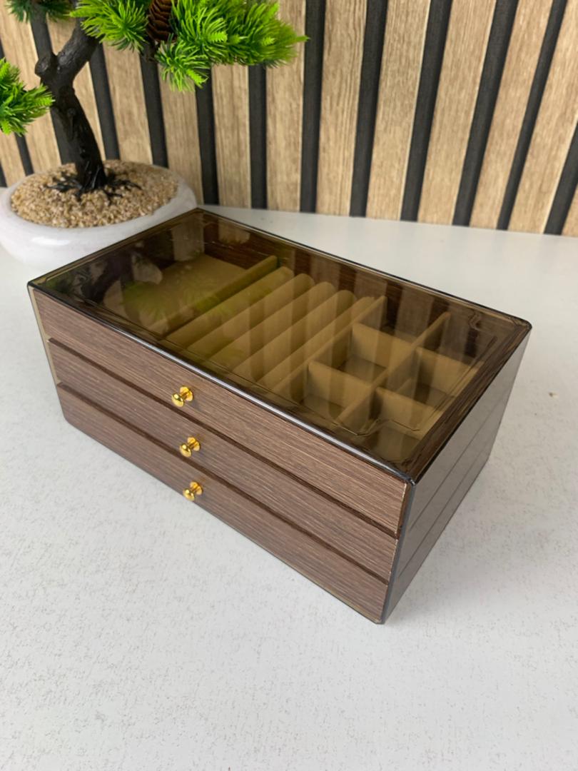 Coffret à bijoux en bois à 3 niveaux très élégant couleur noyer – علبة تنظيم المجوهرات
