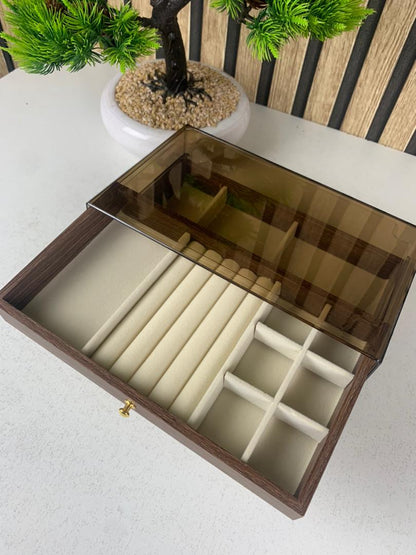Coffret à bijoux en bois à 3 niveaux très élégant couleur noyer – علبة تنظيم المجوهرات