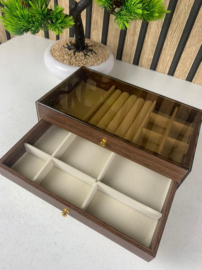 Coffret à bijoux en bois à 3 niveaux très élégant couleur noyer – علبة تنظيم المجوهرات