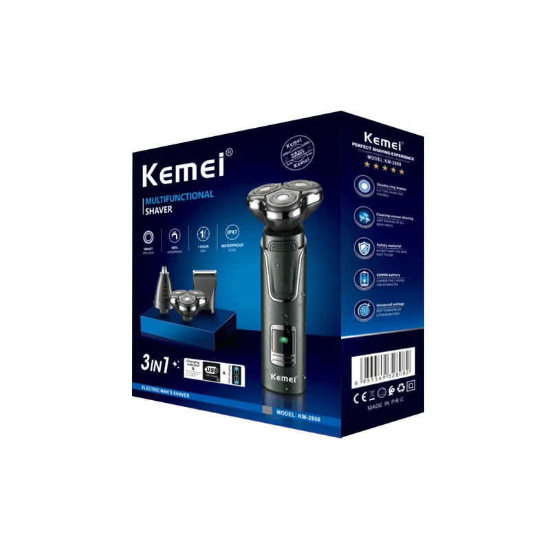 Kemei Rasoir Corps Complet Ipx7 Étanche Multifonctionnel Trois Tête Lames Flottant Poignées Amovible km-2808