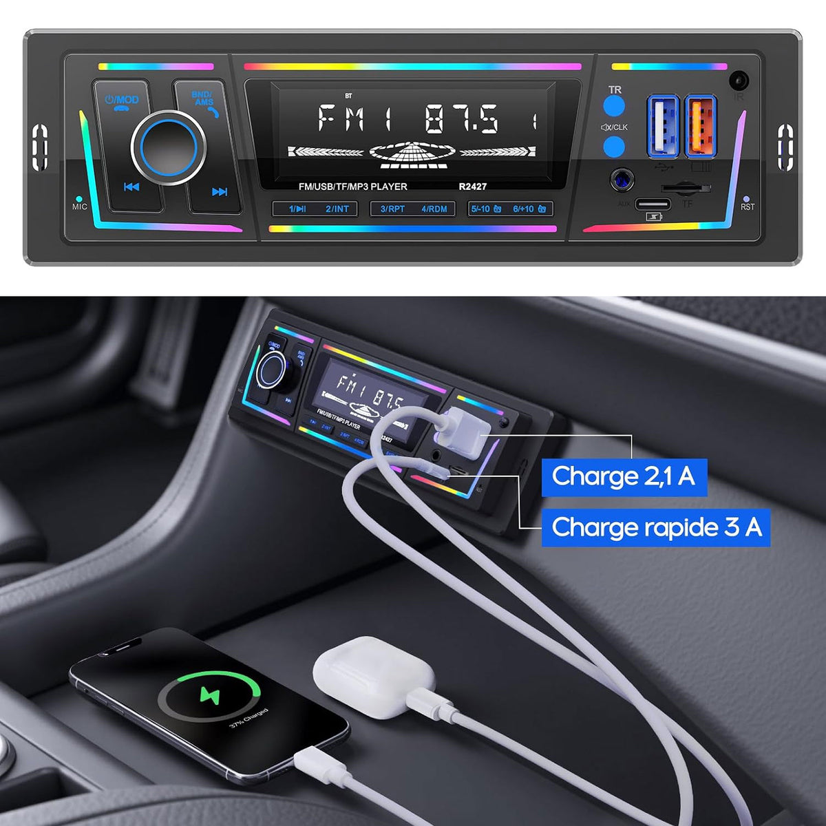 Autoradio Bluetooth 5.0 1DIN Charge Rapide USB et Type-C, Éclairage Personnalisable DSP et RDS - راديو سيارة بلوتوث مع منفذي شحن