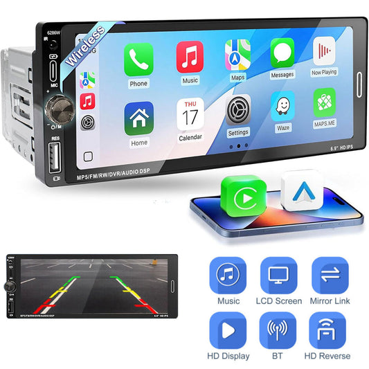 Autoradio 1 DIN avec écran Tactile de 6,9 Pouces Compatible avec Apple CarPlay Wireless/Android Auto - جهاز راديو سيارة