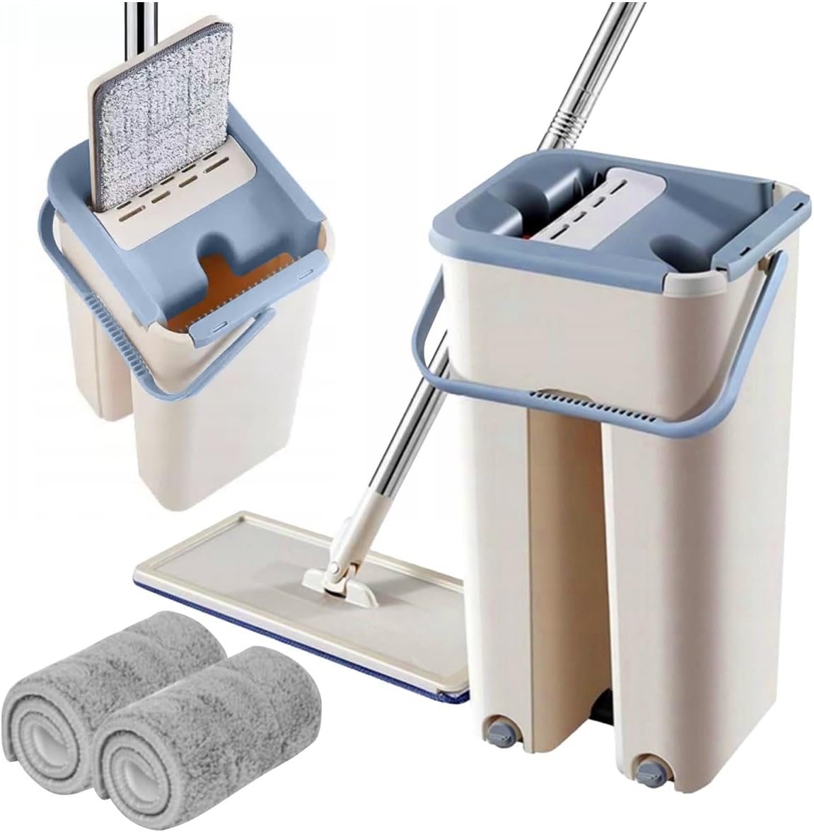 Balai-serpillère plat avec seau à deux compartiments et lingettes en microfibre - ممسحة مايكروفيبر مع دلو بغرفتين للفصل بين الماء النظيف