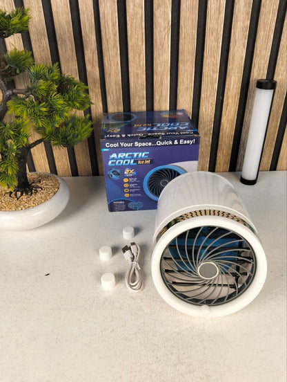 Mini Climatiseur Portable à Glace Technologie Jet Fan, 3 Vitesses et Éclairage LED - مبرد الهواء والثلج المدمج بـ 3 سرعات وإضاءة ملونة
