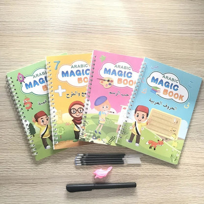 طقم 4 كتب لتعليم الأطفال , كتابة الحروف , الأرقام , العمليات الحسابية , الرسم MAGIC BOOK