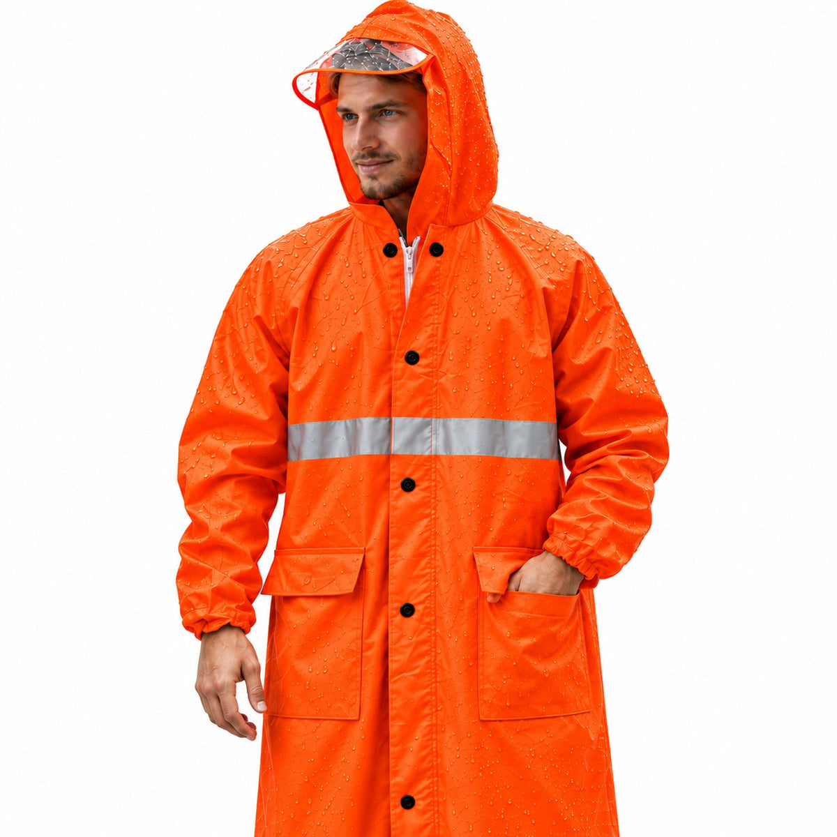 Imperméable Long Orange avec Capuche Transparente et Bandes Réfléchissantes - معطف مطر طويل بقبعة شفافة وعواكس ضوئية
