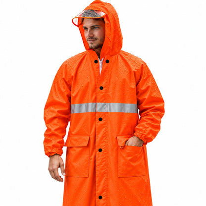 Imperméable Long Orange avec Capuche Transparente et Bandes Réfléchissantes - معطف مطر طويل بقبعة شفافة وعواكس ضوئية