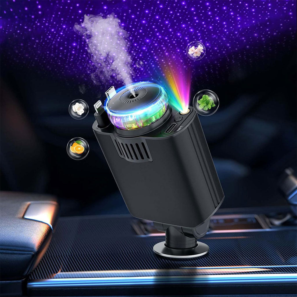Starlight D1 Chargeur voiture rétractable 5 en 1 avec aromathérapie et lumière des étoiles - شاحن سريع للسيارة مع معطر