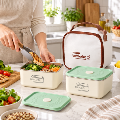 Ensemble Boîte à Lunch en Acier Inoxydable 2Pcs avec Sac Isotherme - طقم علب حفظ الطعام والوجبات من الاينوكس مع حقيبة حرارية عازلة