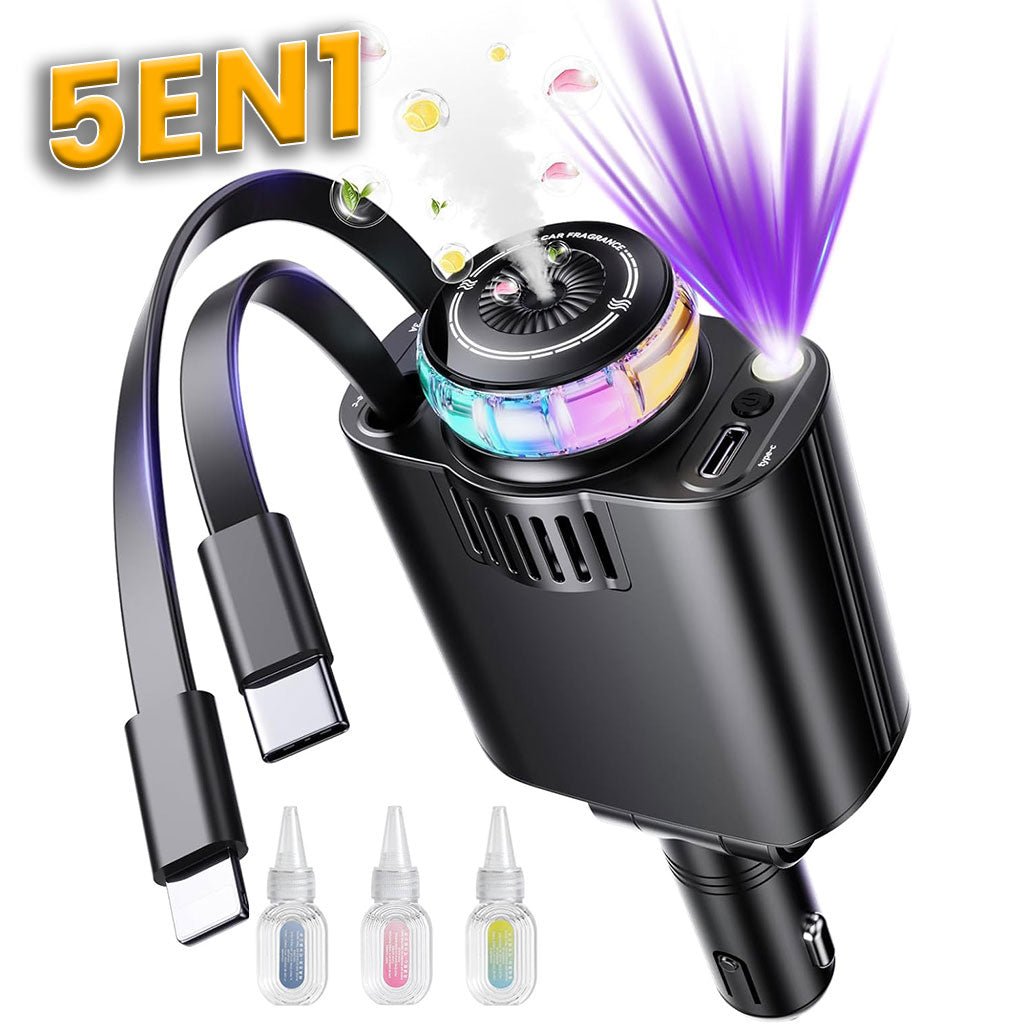 Chargeur voiture rétractable 5 en 1 avec aromathérapie et lumière des étoiles – شاحن سريع للسيارة مع معطر تنزوت