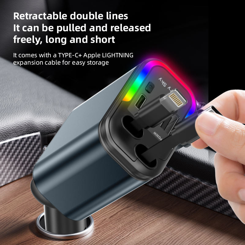Chargeur de Voiture 120W Max 4 en 1 avec Câbles Rétractables et Ports USB/Type-C