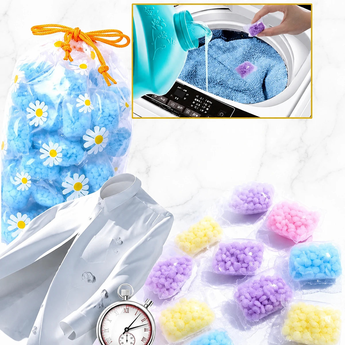 Perles adoucissantes parfumées pour le linge – 50 perles à utiliser en machine pour un linge frais et propre -حبيبات معطرة لتنعيم الأقمشة - 50 قطعة من
