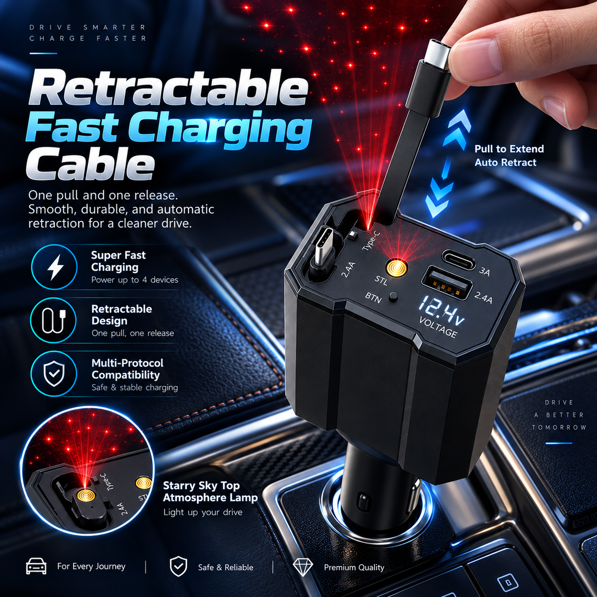 Chargeur 120W 5 en 1 avec Câbles Rétractables Ports USB,Type-C et Veilleuse Ciel Étoilé - شاحن سيارة سريع 120 واط متعدد المنافذ مع إضاءة سقف نجوم