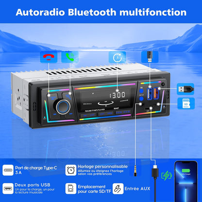 Autoradio Bluetooth 5.0 1DIN Charge Rapide USB et Type-C, Éclairage Personnalisable DSP et RDS - راديو سيارة بلوتوث مع منفذي شحن