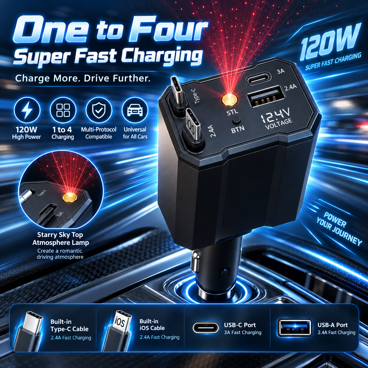 Chargeur 120W 5 en 1 avec Câbles Rétractables Ports USB,Type-C et Veilleuse Ciel Étoilé - شاحن سيارة سريع 120 واط متعدد المنافذ مع إضاءة سقف نجوم