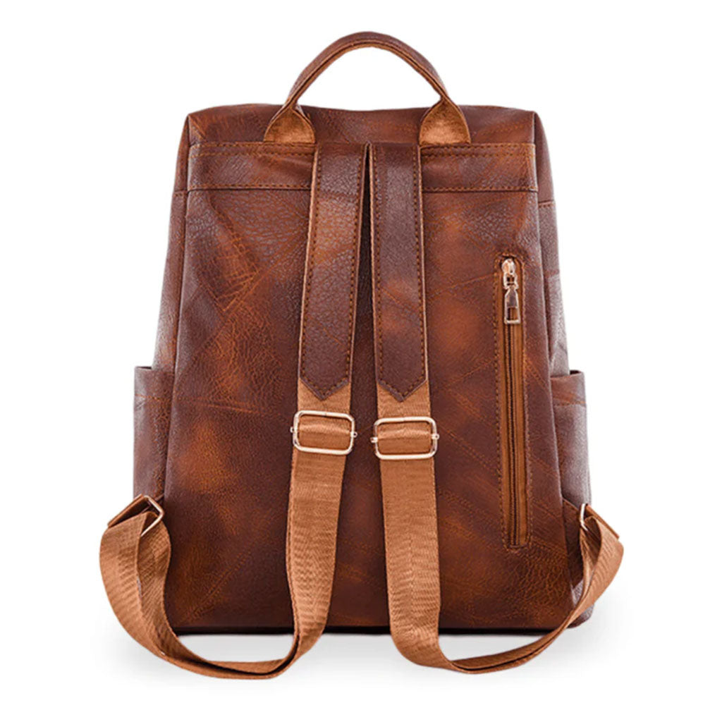 Sac à dos rétro en cuir synthétique pour femme marron - حقيبة ظهر نسائية من الجلد