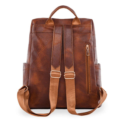 Sac à dos rétro en cuir synthétique pour femme marron - حقيبة ظهر نسائية من الجلد