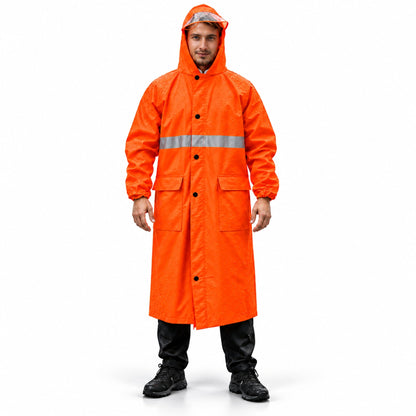 Imperméable Long Orange avec Capuche Transparente et Bandes Réfléchissantes - معطف مطر طويل بقبعة شفافة وعواكس ضوئية