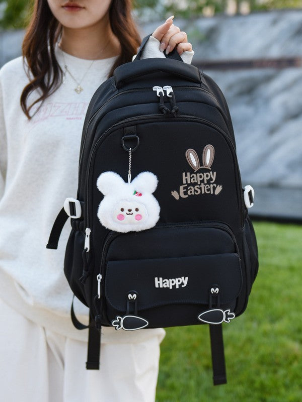 Sac à Dos Scolaire Motif Lapin Happy Easter Ergonomique Tissu Imperméable Noir SACKDS31N - حقيبة ظهر مدرسية وعصرية بتصميم الأرنب اللطيف