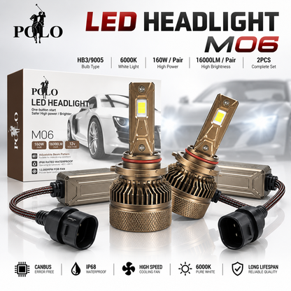 Ampoules de Phare LED POLO M06 160W, 16000LM HB3/9005 - لمبات إضاءة أمامية ليد للسيارات 160 واط