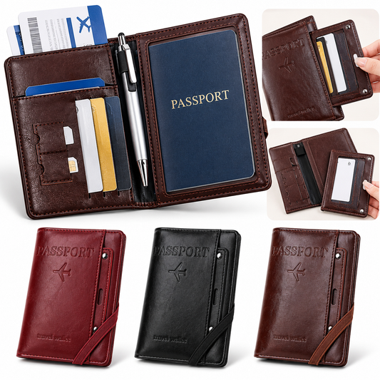 Porte-Passeport de Voyage en Cuir PU avec Protection RFID - محفظة جواز سفر جلدية متعددة الجيوب