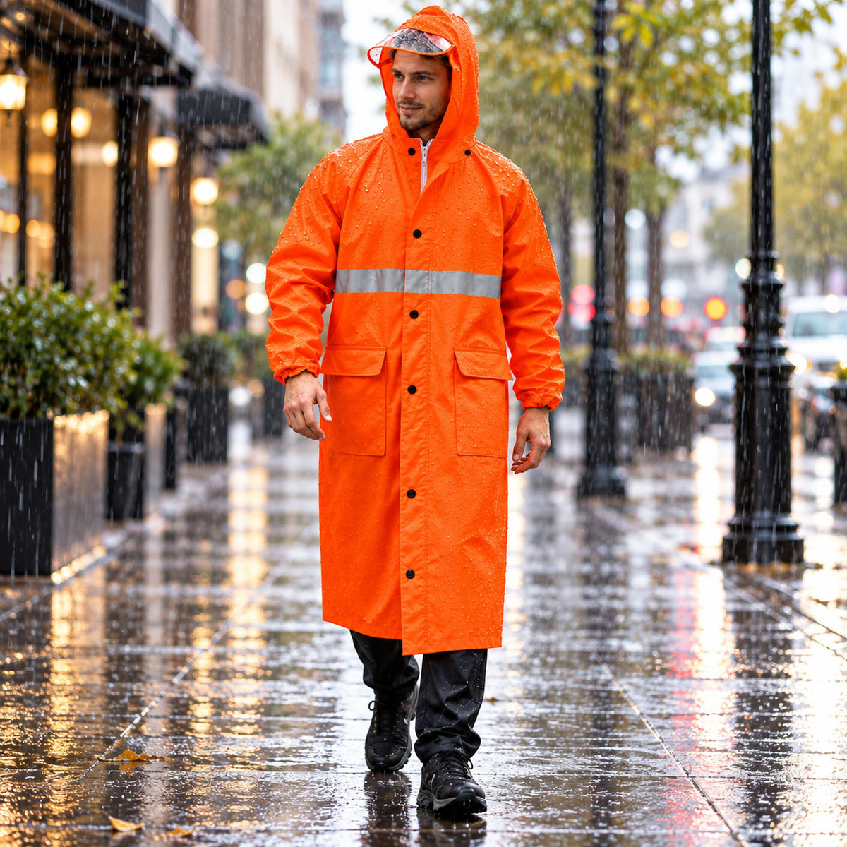 Imperméable Long Orange avec Capuche Transparente et Bandes Réfléchissantes - معطف مطر طويل بقبعة شفافة وعواكس ضوئية