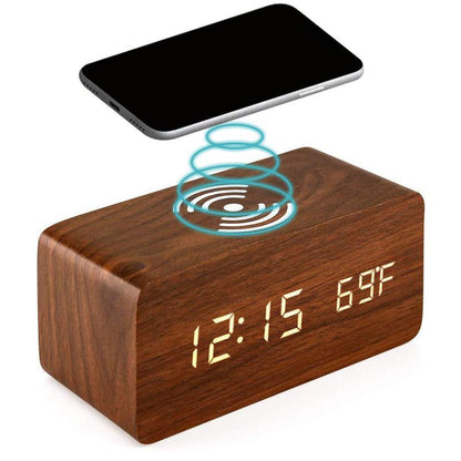 Réveil numérique de bureau en bois avec socle de charge sans fil Qi