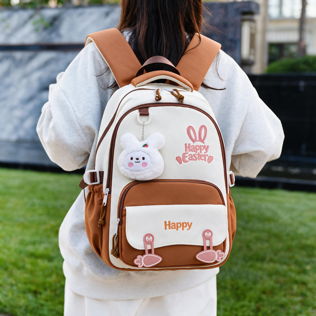 Sac à Dos Scolaire Motif Lapin Happy Easter Ergonomique Tissu Imperméable Orange SACKDS31ORG - حقيبة ظهر مدرسية وعصرية بتصميم الأرنب اللطيف