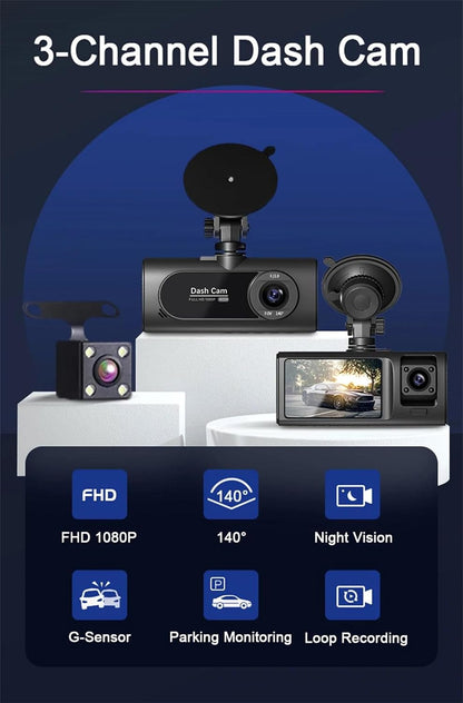 Caméra de Tableau de Bord Triple 3 Canaux et Dashcam Grand Angle - كاميرا سيارة داش كام ثلاثية العدسات للمراقبة الشاملة