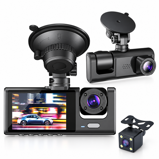 Black Box Caméra d'Aide au Stationnement et Dashcam Voiture 3 Canaux 1080P Full HD - كاميرا قيادة السيارات الثلاثية مع شاشة وزاوية عريضة 170 درجة