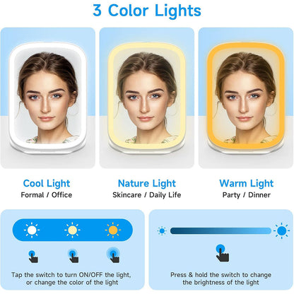 Miroir et Veilleuse LED Ajustable 3 couleur Rechargeable