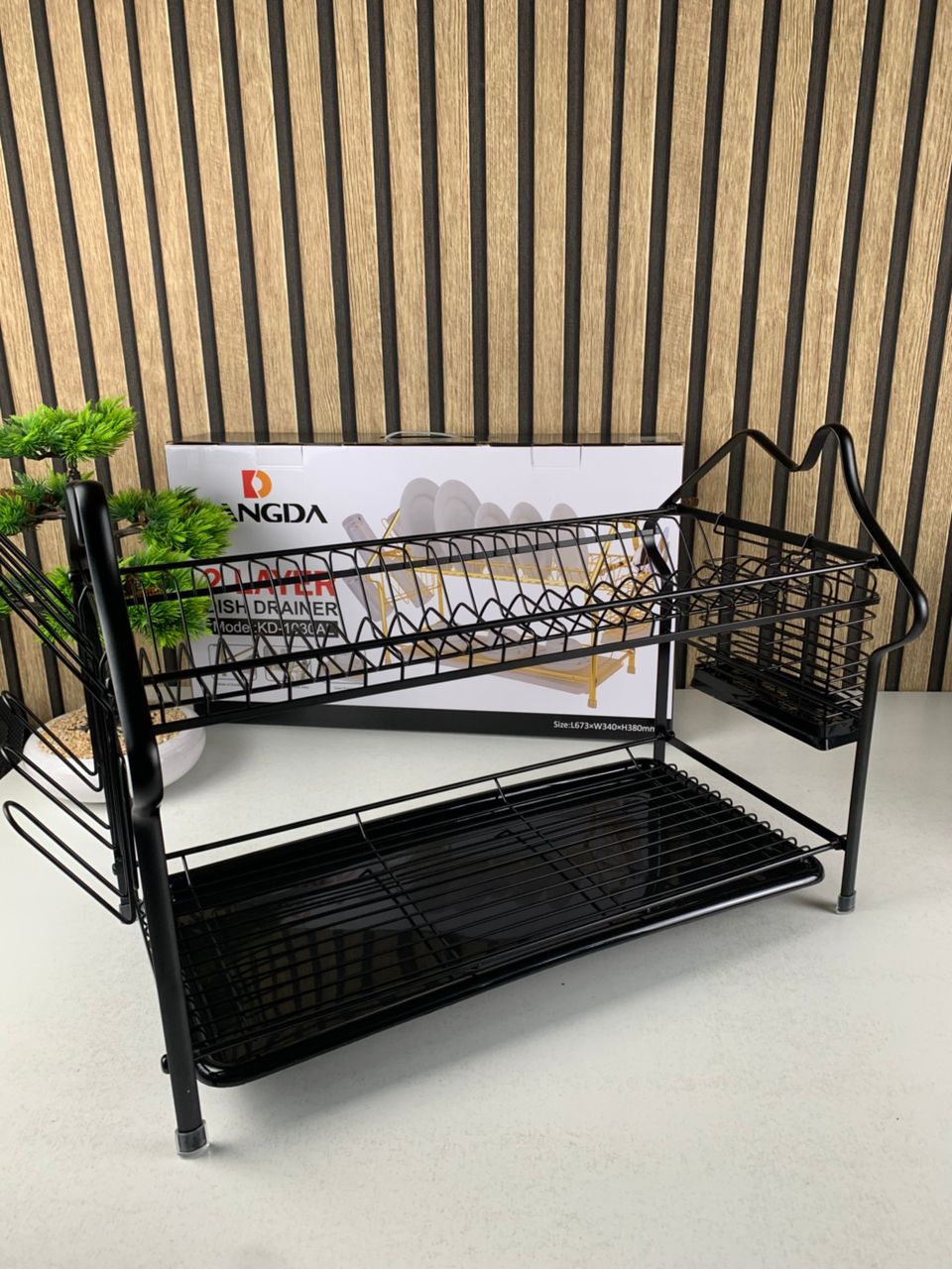 Two-tier kitchen dish rack with drip tray by Tanzut, featuring space for drying dishes and utensils, model KD-1030AL.