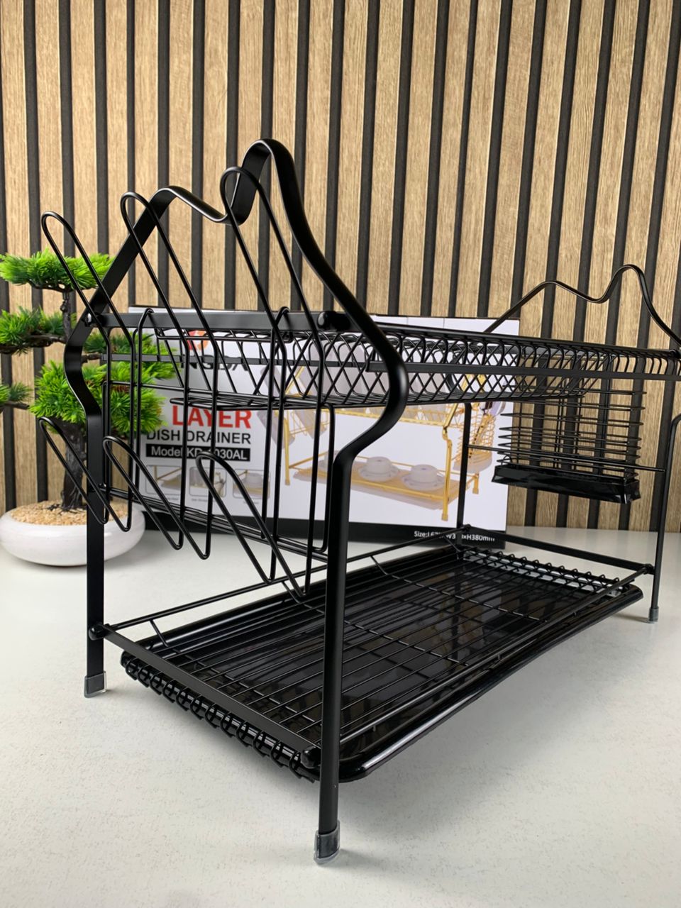 Two-level dish rack with drainage tray by Tanzoat, featuring space for plates, utensils, and a convenient drip collection.
