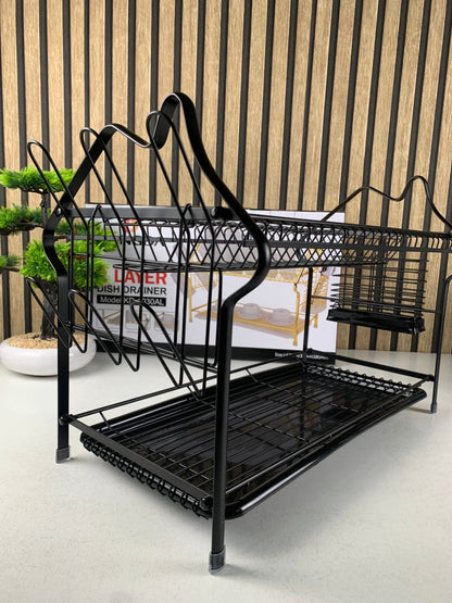Two-level dish rack with drainage tray by Tanzoat, featuring space for plates, utensils, and a convenient drip collection.