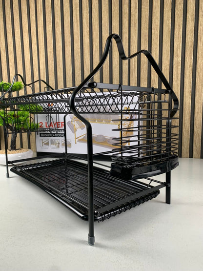 Two-tier dish drying rack with drip tray by Tanzoet, perfect for organizing and drying dishes in the kitchen.