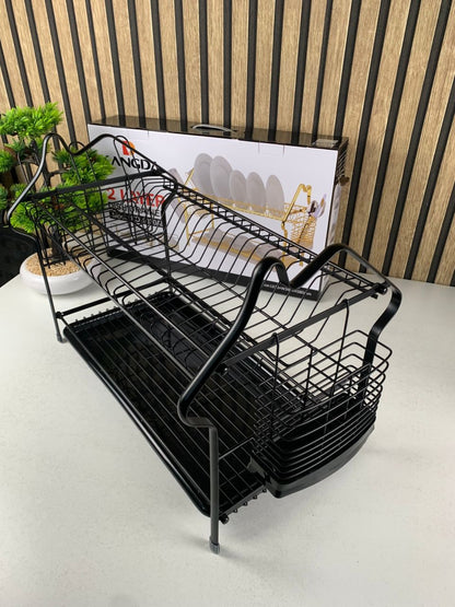 Two-level dish drying rack with drainage tray from تنزوت, suitable for kitchen use, featuring a durable design and organized storage.